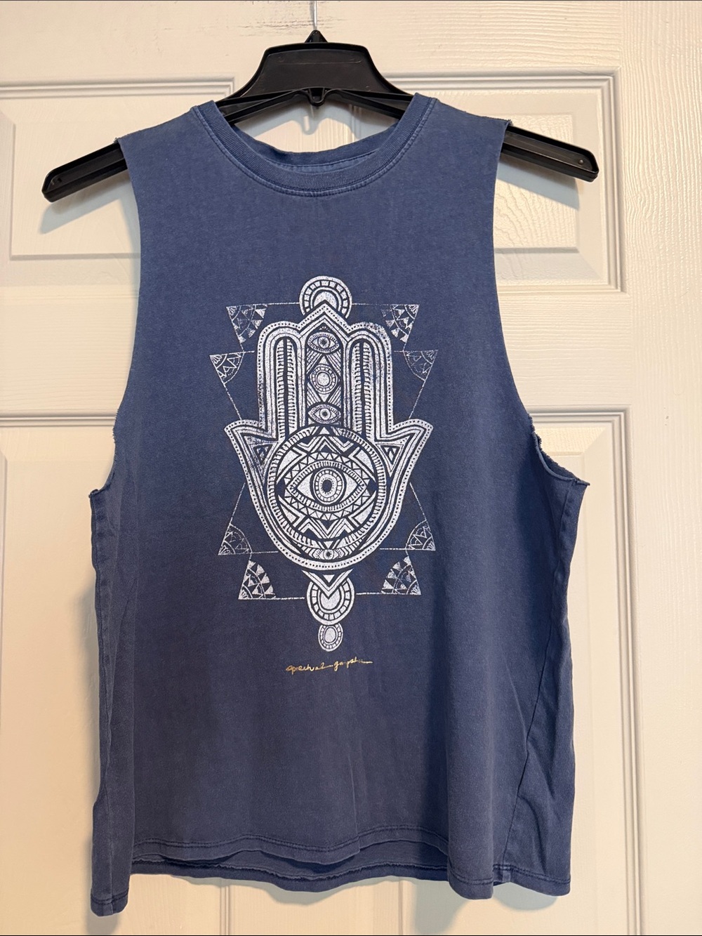 Spiritual Gangster Navy Muscle Tee with White Hamsa Graphic